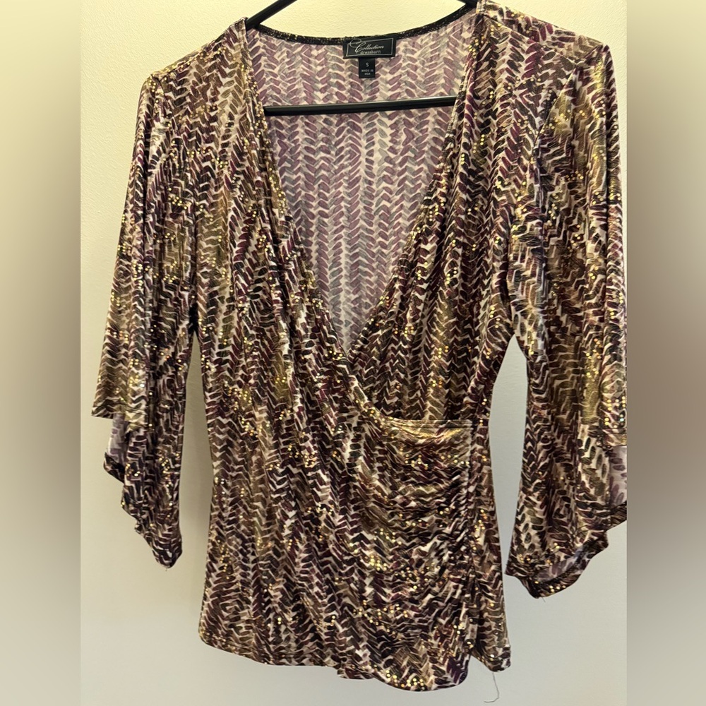 Dressbarn Brown and Cream Wrap Blouse with 3/4 Sleeves